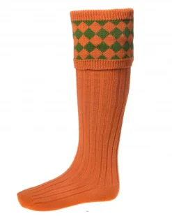 House of Cheviot /John Mills Socks|Socks<House Of Cheviot Men's Chessboard Sock Burnt Orange/Ivy Green